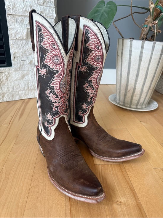 Ariat Shoes - Ariat Brown Leather Western Heeled Boots with Pink and Cream Embroidery 8.5 US